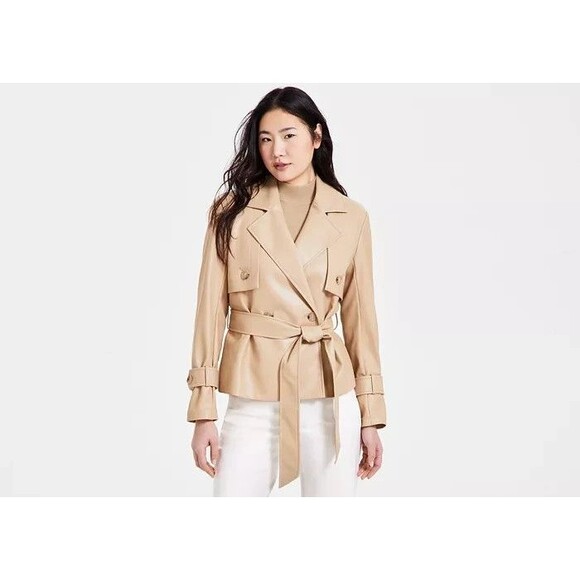 Anne Klein Women's Faux-Leather Belted Short Trench Jacket Coffee Creme Size 6 - Picture 1 of 12